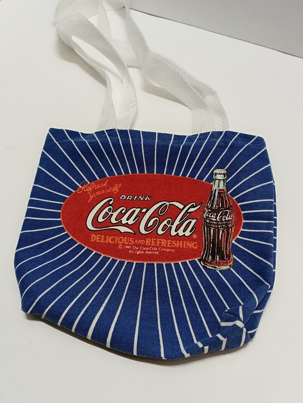 Coca Cola Navy Blue Canvas Tote Bag with Red Logo and White Stripes Vintage 1991